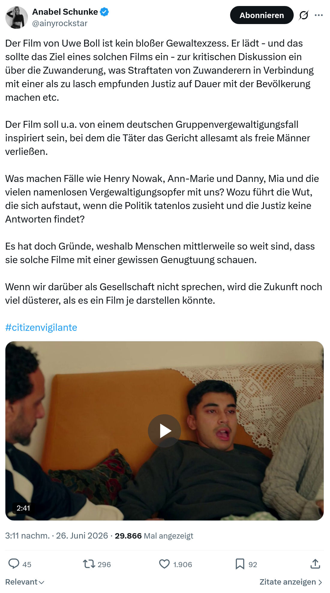 Anabel Schunke: Der Film von Uwe Boll ist kein bloßer Gewaltexzess...