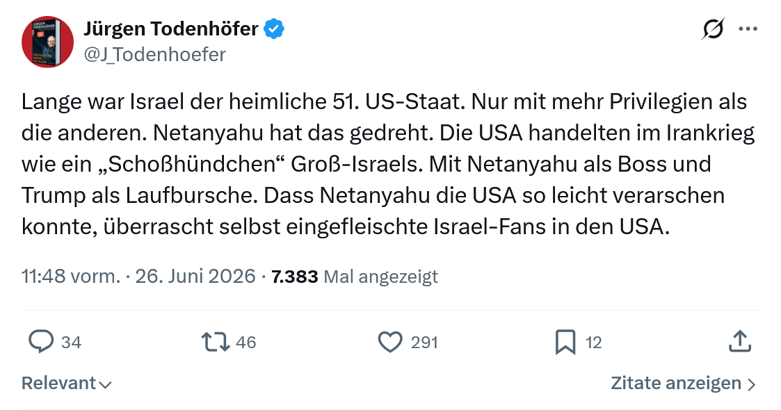 Jürgen Todenhöfer: Lange war Israel der heimliche 51...
