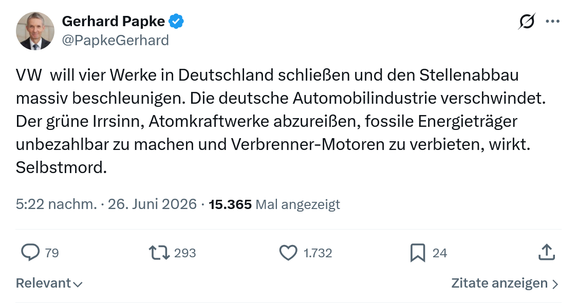 Gerhard Papke: VW  will vier Werke in Deutschland...