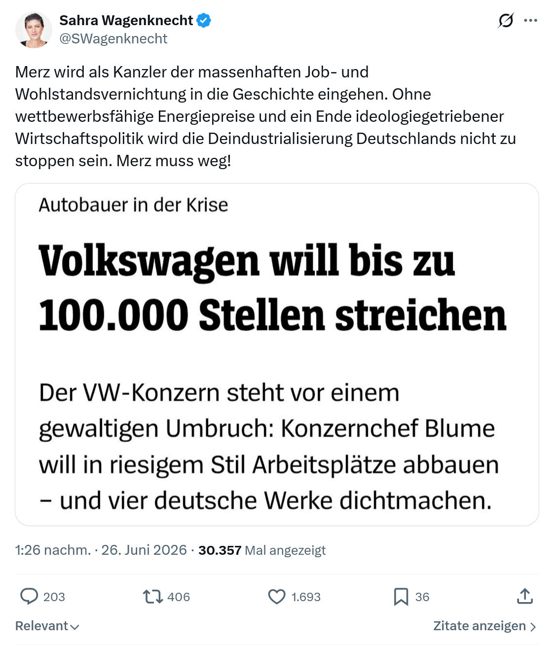 Sahra Wagenknecht: Merz wird als Kanzler der massenhaften...