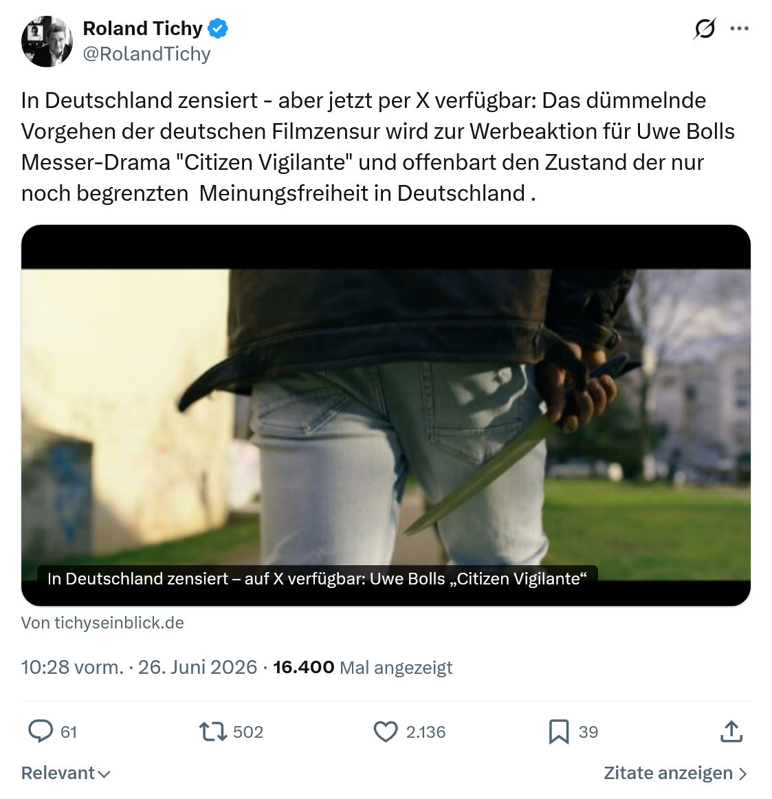 Roland Tichy: In Deutschland zensiert...