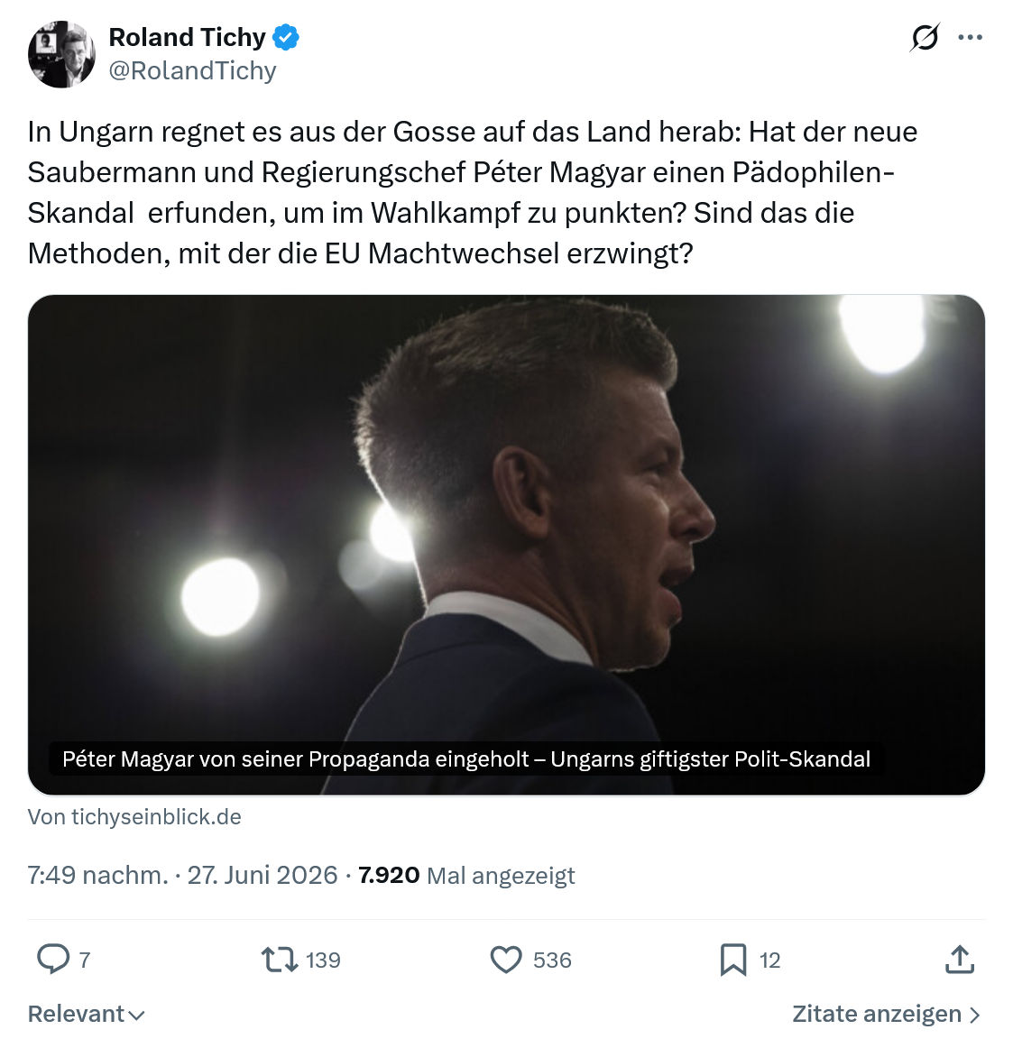 Roland Tichy: In Ungarn regnet es aus der...