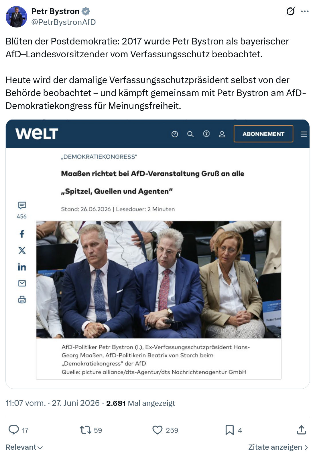 Petr Bystron: Blüten der Postdemokratie: 2017 wurde...