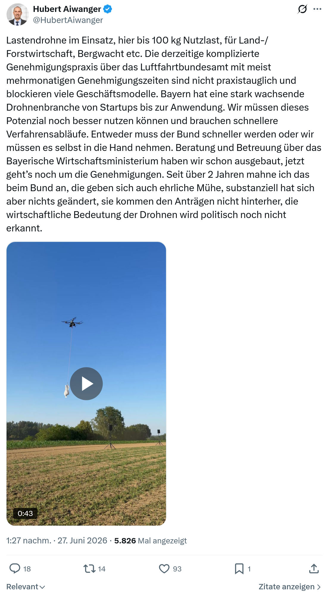 Hubert Aiwanger: Lastendrohne im Einsatz, hier bis...