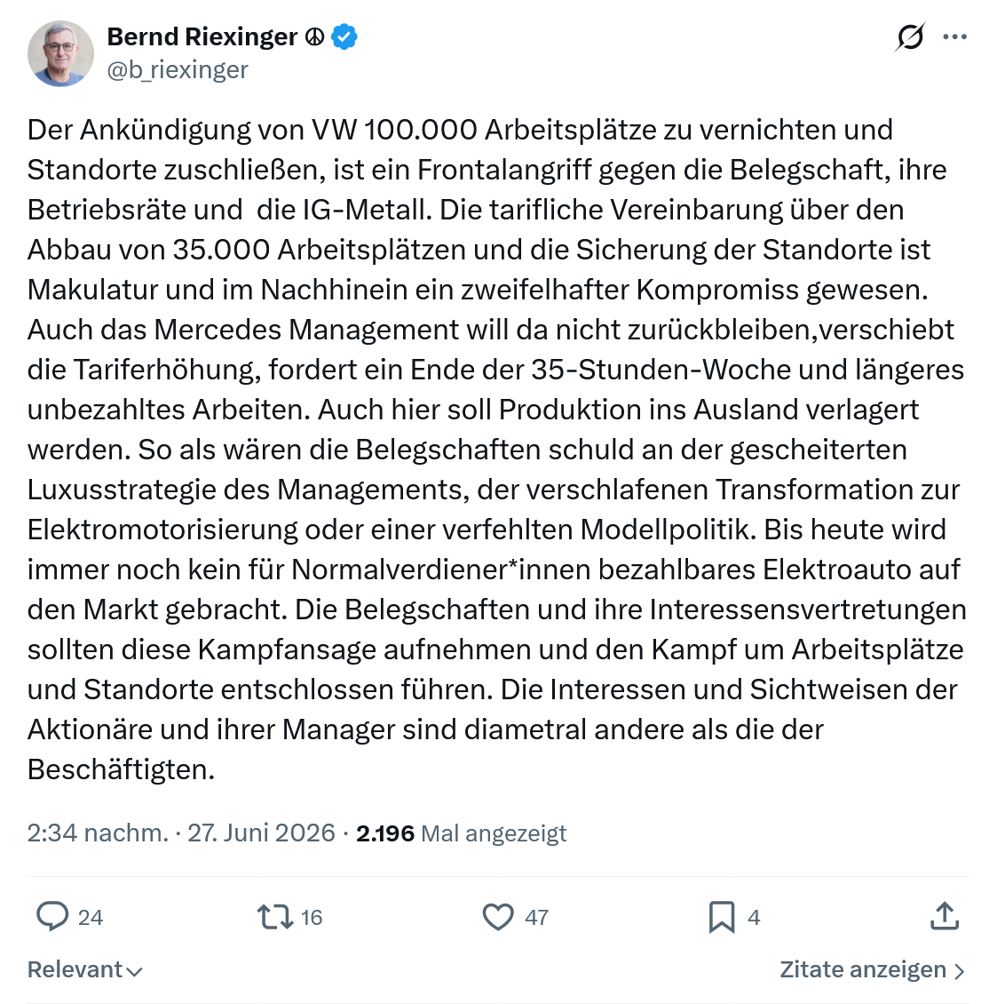 Bernd Riexinger: Der Ankündigung von VW 100.000...