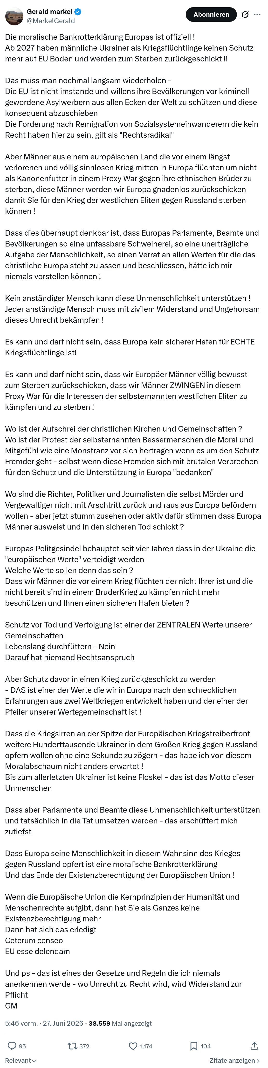 Gerald Markel: Die moralische Bankrotterklärung Europas ist...