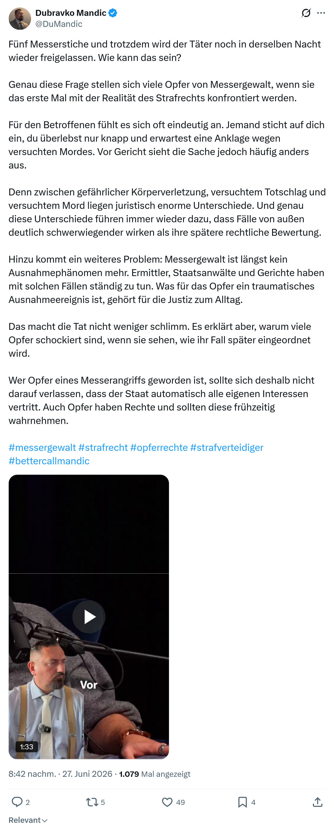 Dubravko Mandic: Fünf Messerstiche und trotzdem wird...