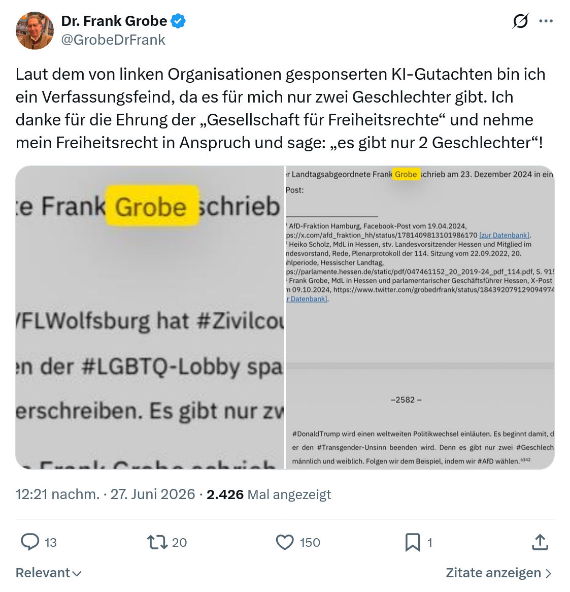 Frank Grobe: Laut dem von linken Organisationen...