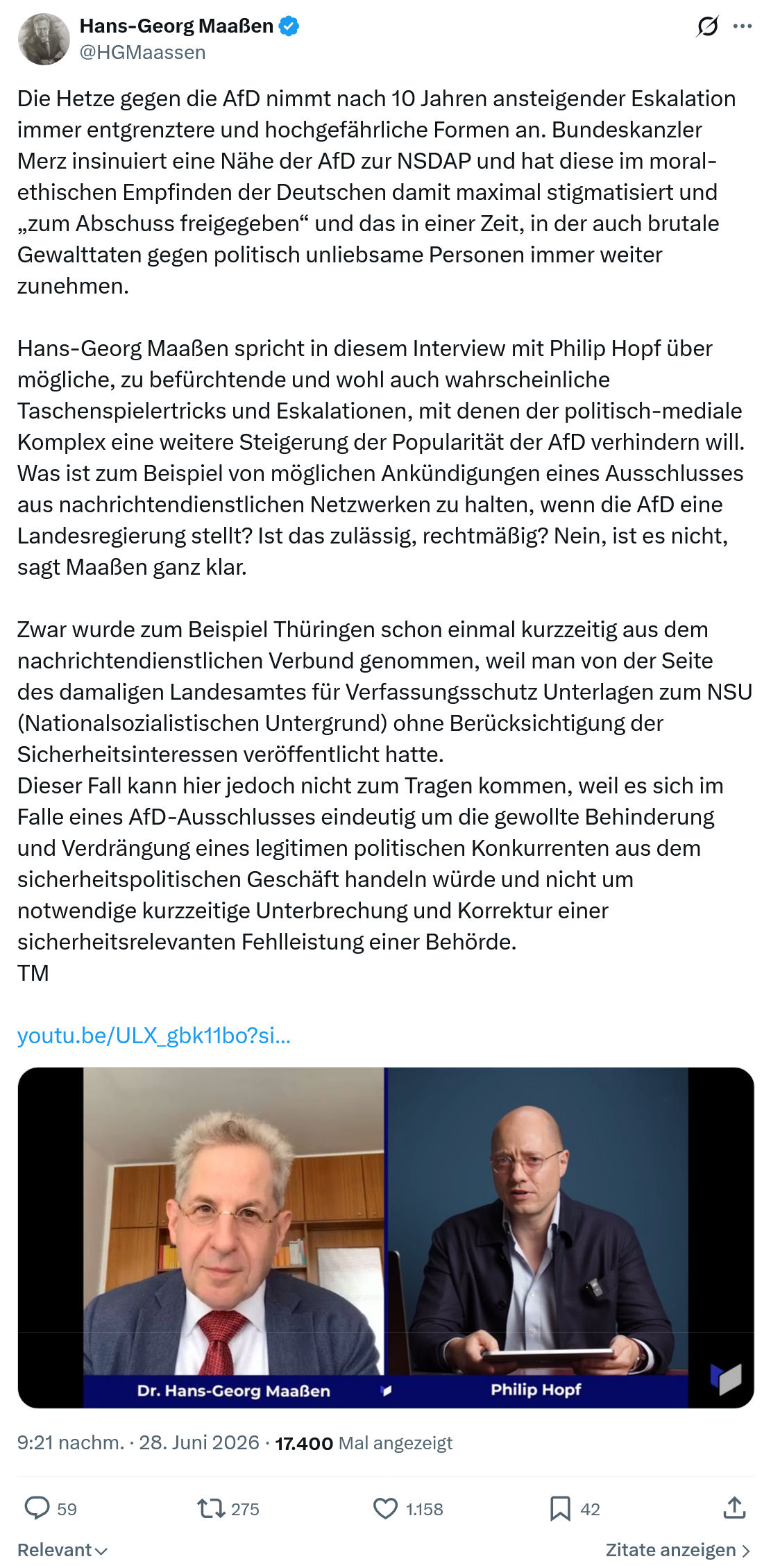 Hans-Georg Maaßen: Die Hetze gegen die AfD nimmt nach 10 Jahren...