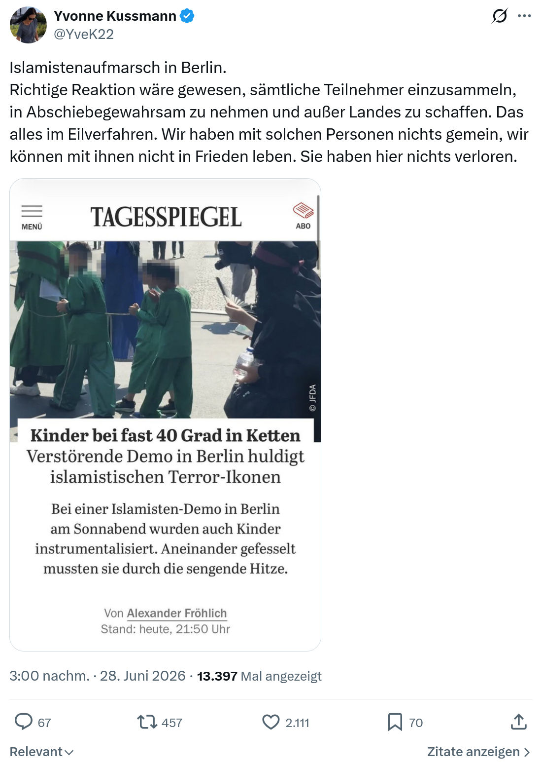 Yvonne Kussmann: Islamistenaufmarsch in Berlin...