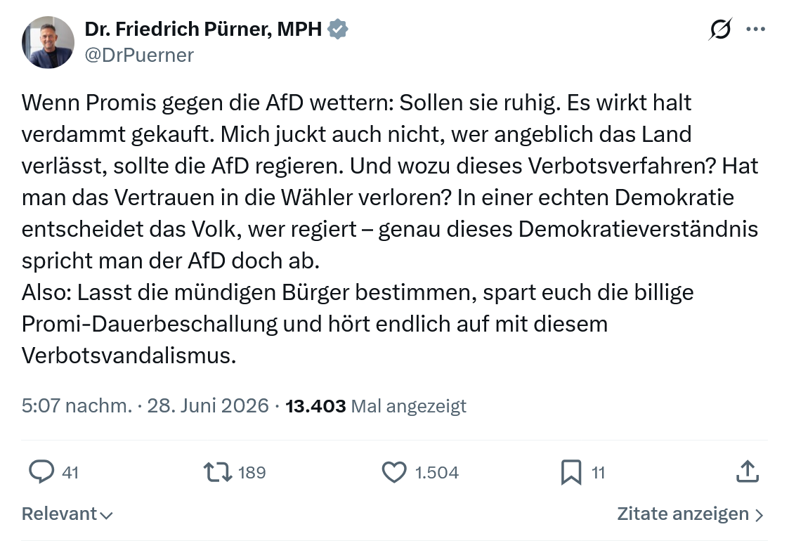 Friedrich Pürner: Wenn Promis gegen die AfD wettern...