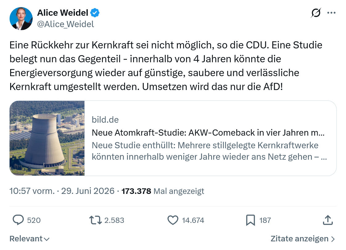 Alice Weidel: Eine Rückkehr zur Kernkraft sei nicht möglich...