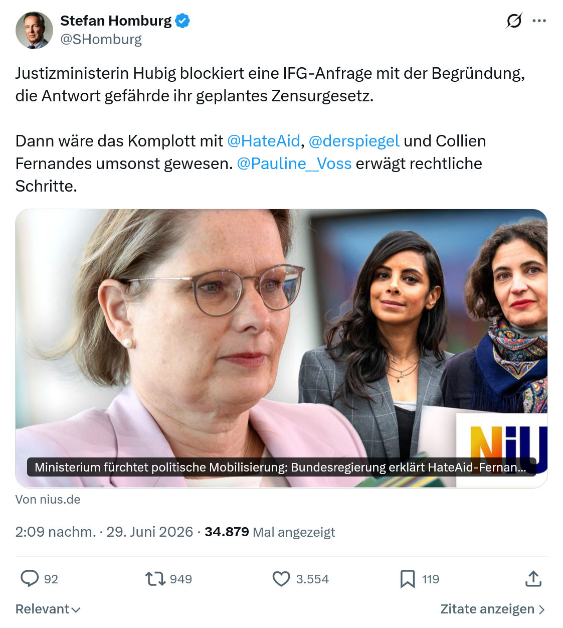 Stefan Homburg: Justizministerin Hubig blockiert...