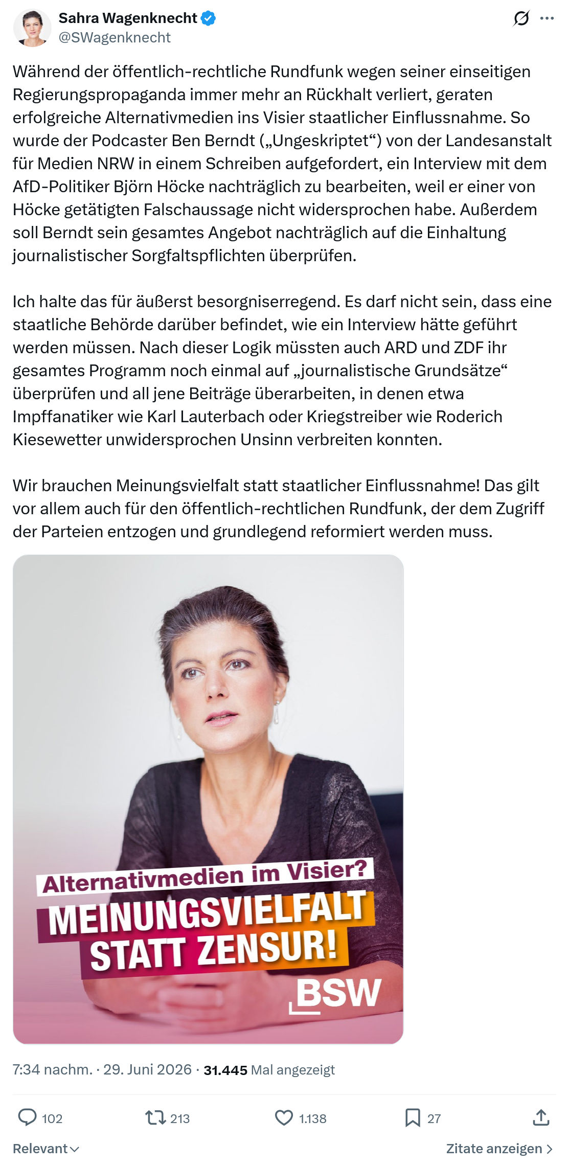 Sahra Wagenknecht: Während der öffentlich-rechtliche Rundfunk...
