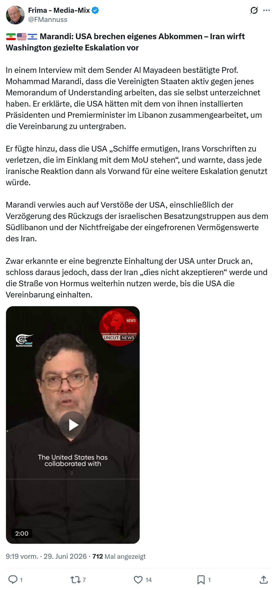 Friedrich Mannus: Marandi: USA brechen eigenes Abkommen...