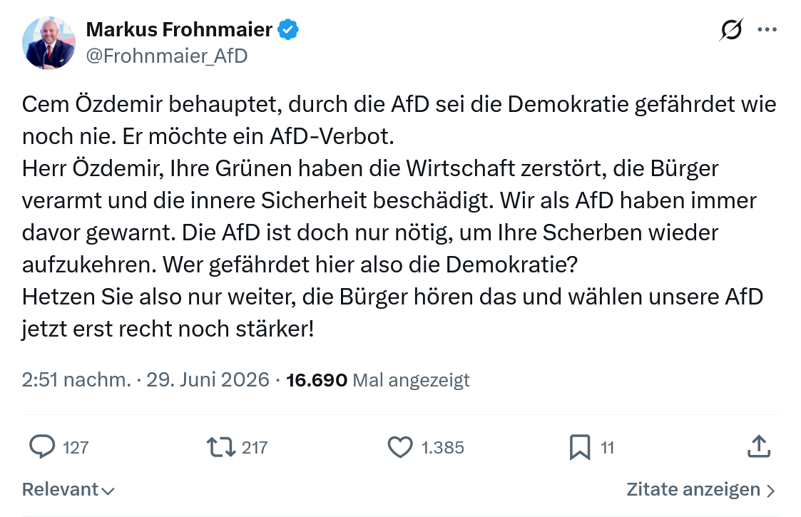 Markus Frohnmaier: Cem Özdemir behauptet...