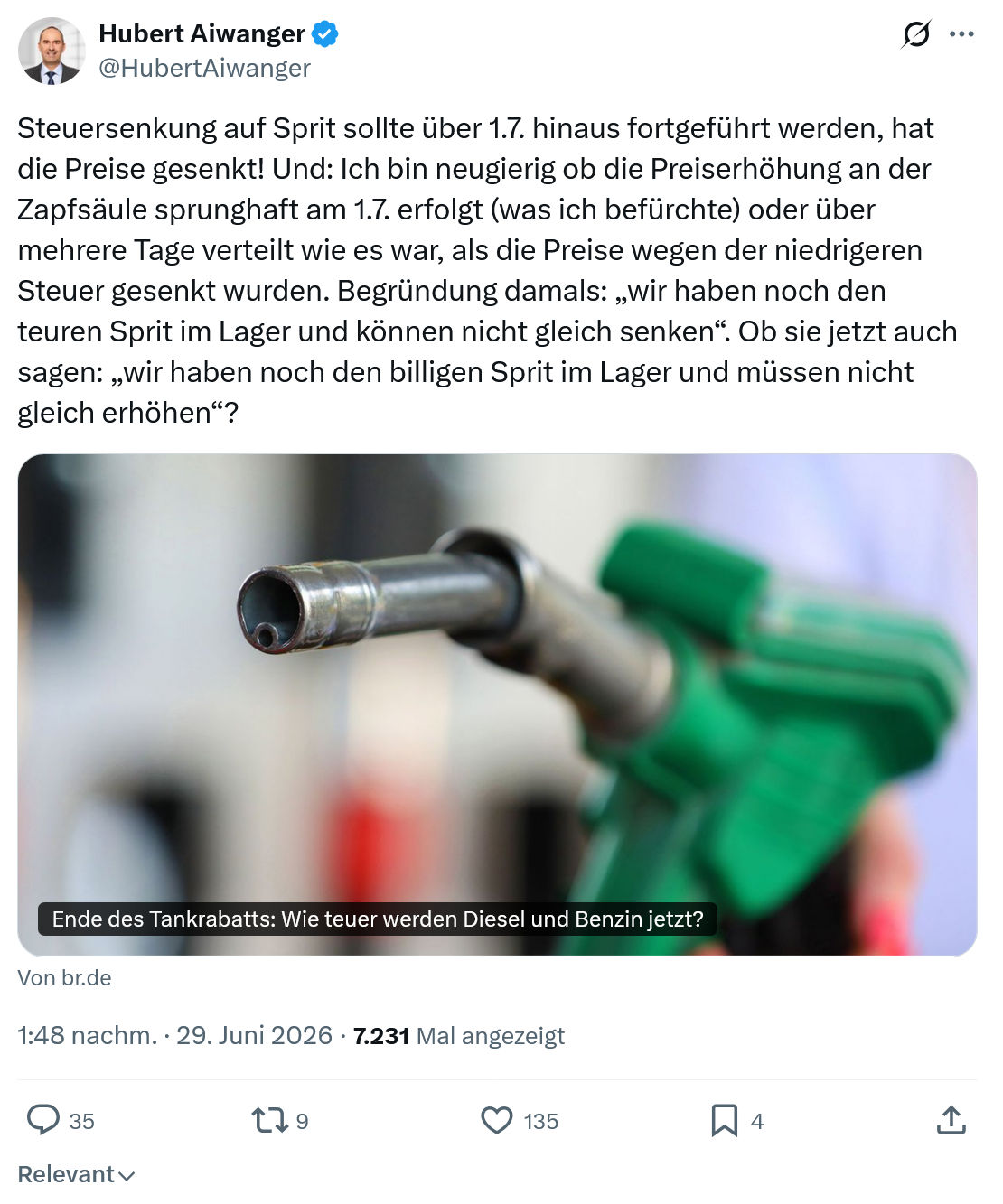 Hubert Aiwanger: Steuersenkung auf Sprit...