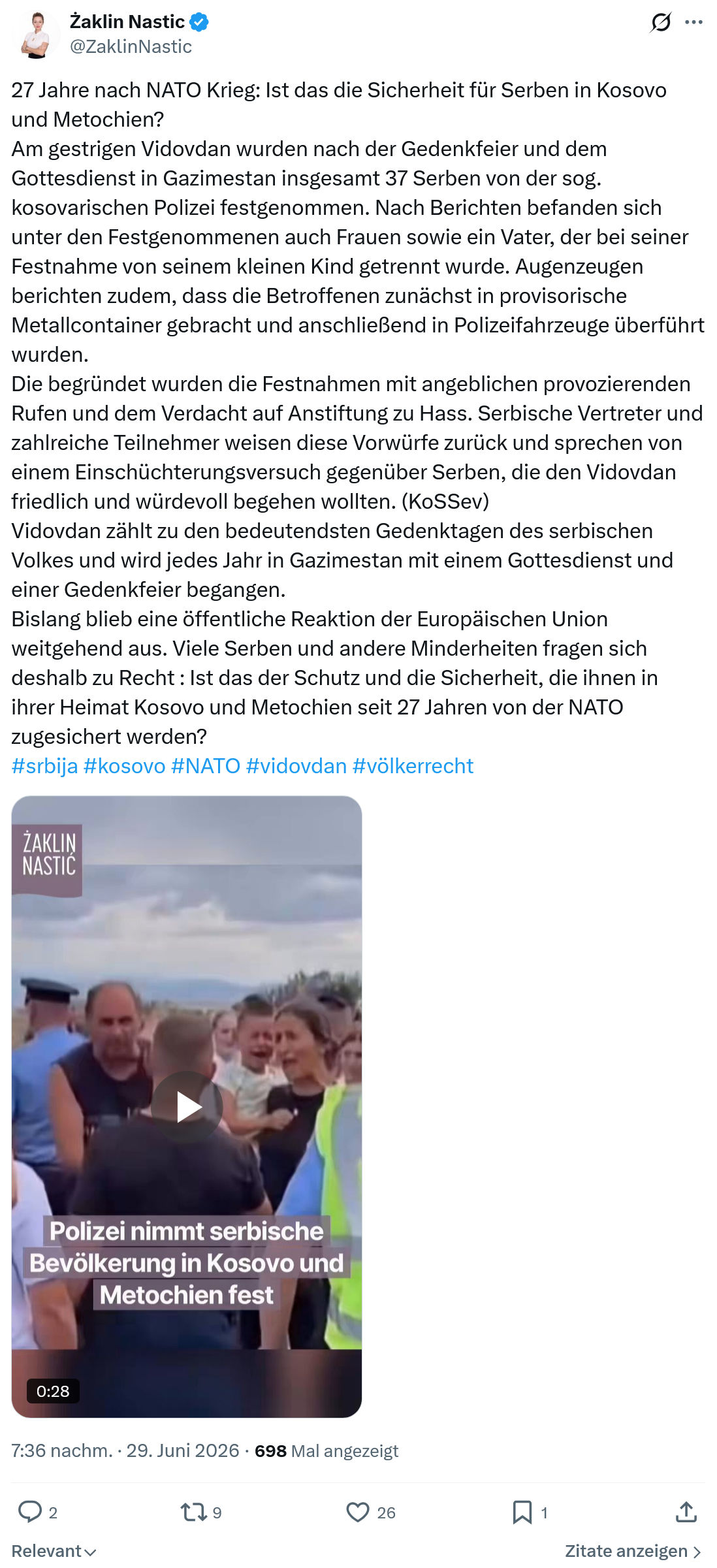 Żaklin Nastic: 27 Jahre nach NATO Krieg...
