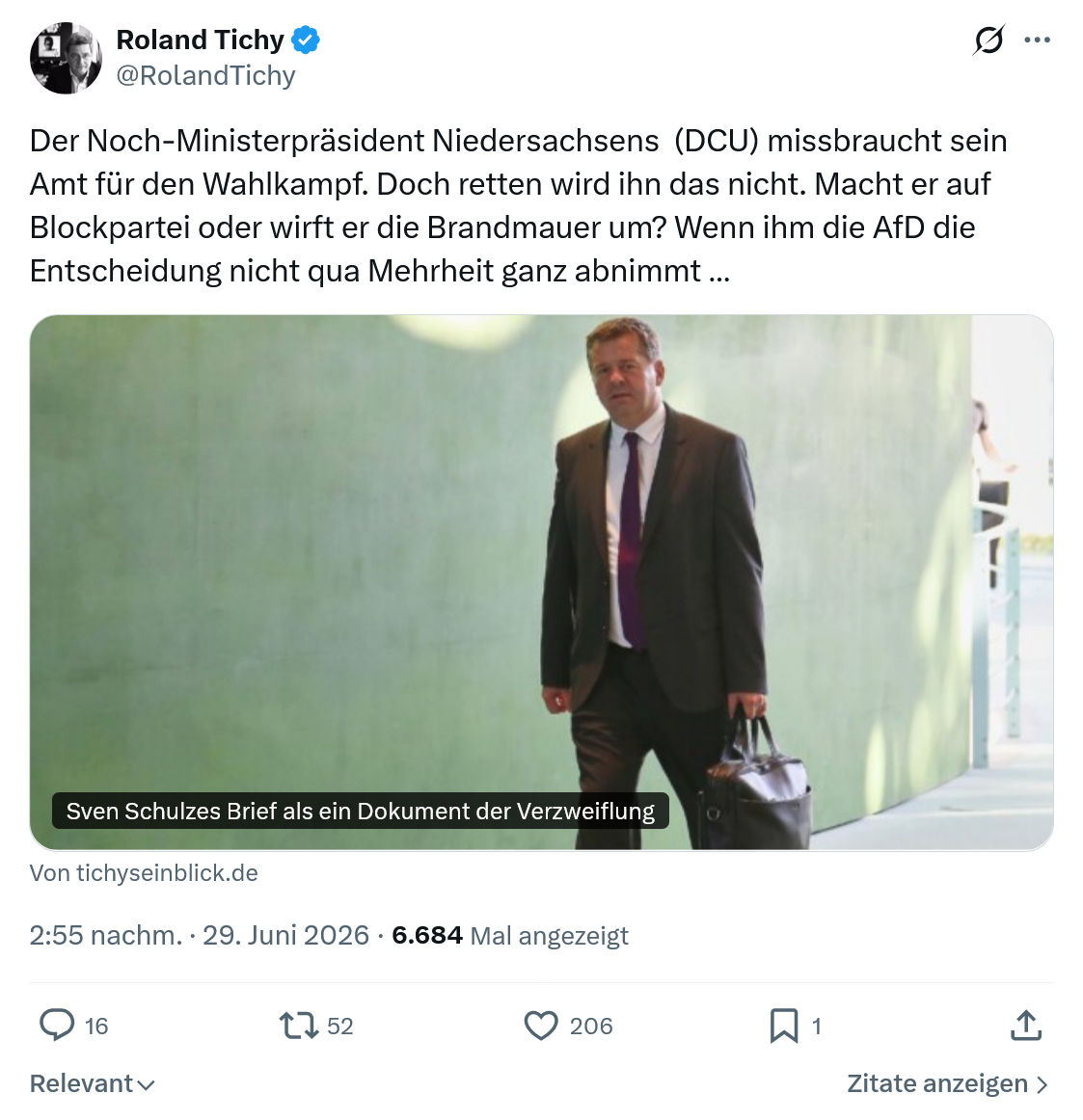 Roland Tichy: Der Noch-Ministerpräsident Niedersachsens...