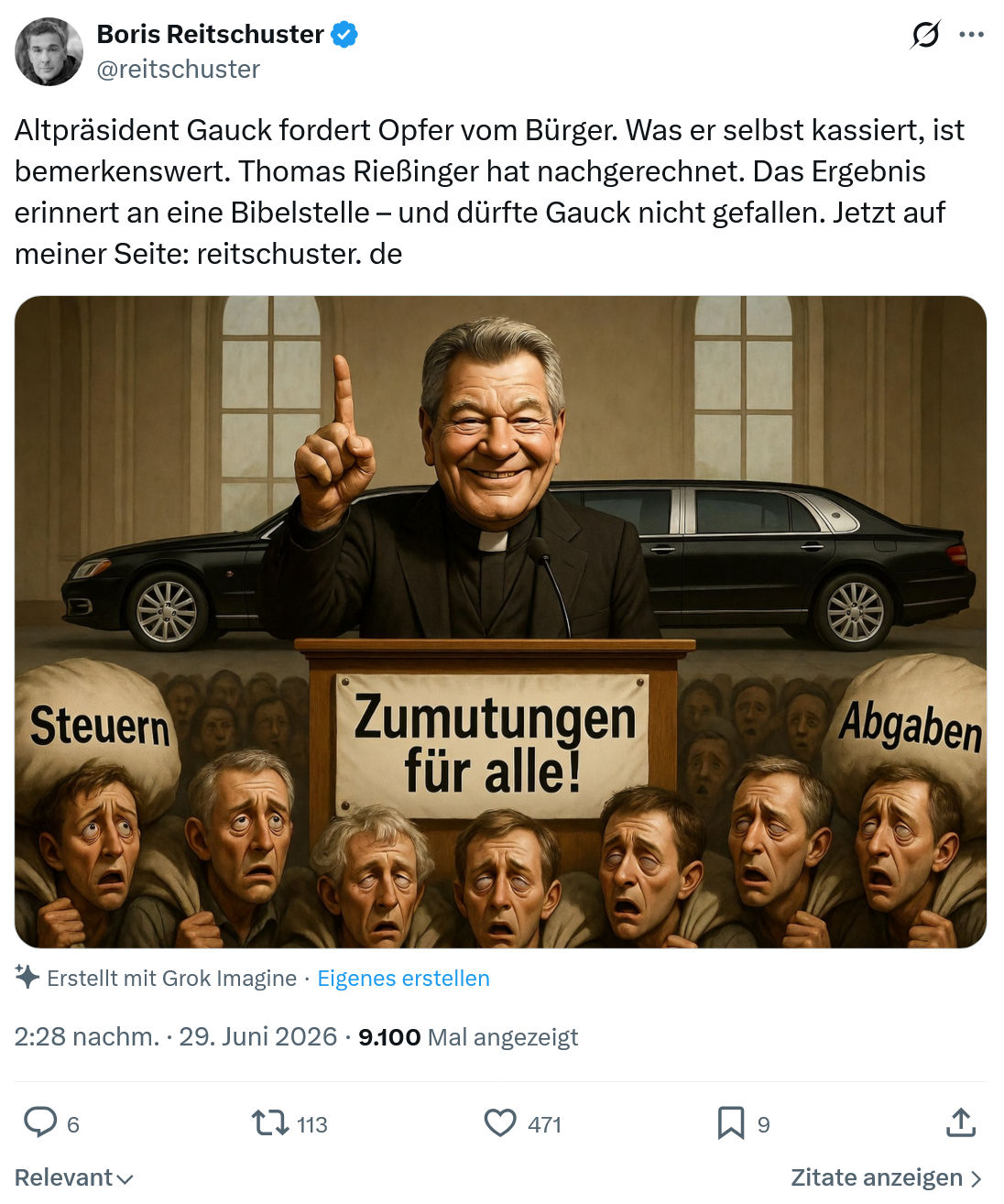 Boris Reitschuster: Altpräsident Gauck fordert Opfer vom Bürger...