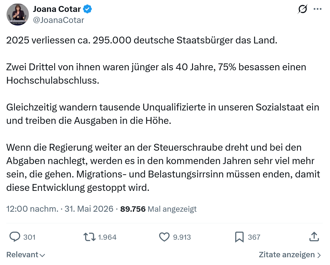 Joana Cotar: 2025 verliessen ca. 295.000 deutsche…
