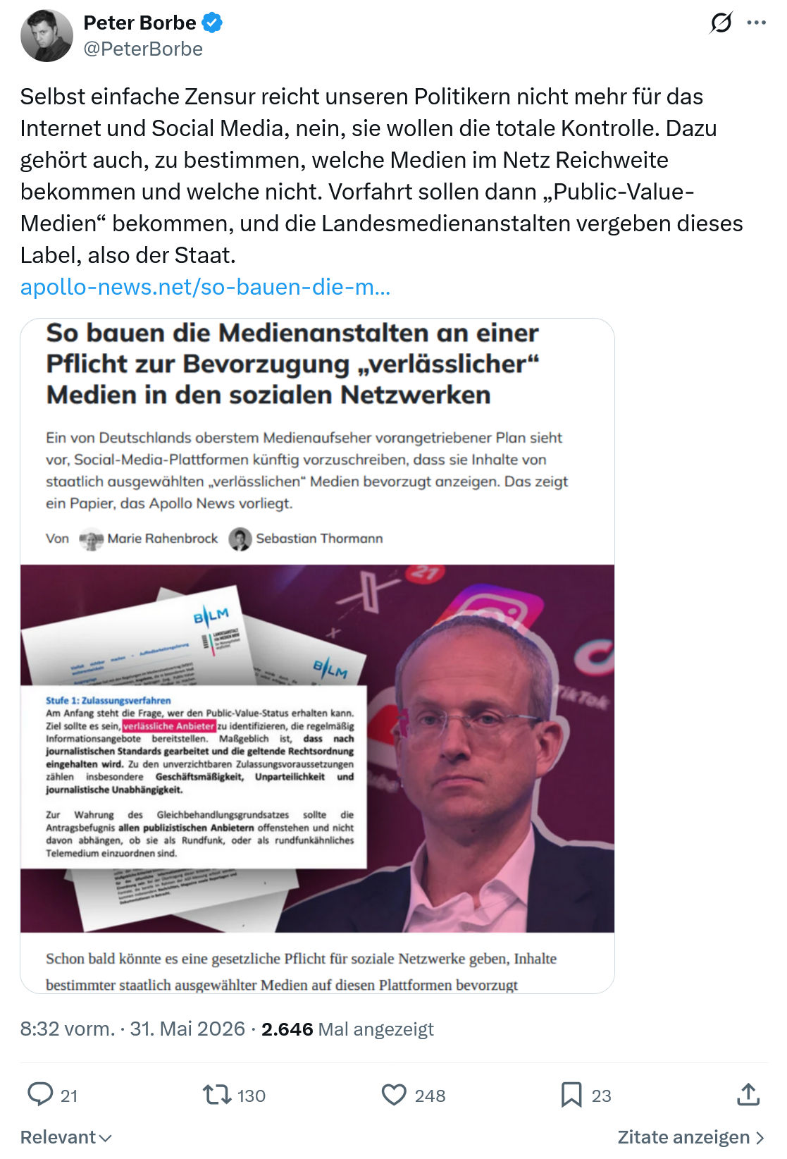 Peter Borbe: Selbst einfache Zensur reicht unseren Politikern…