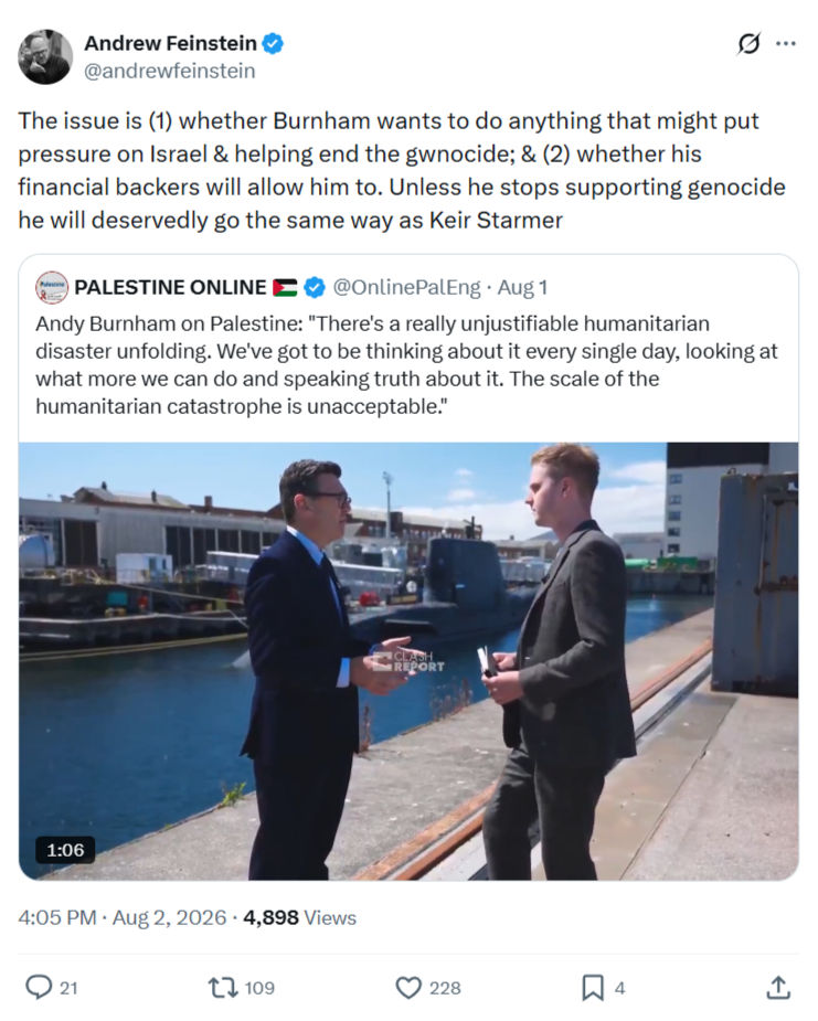 Andrew Feinstein: The issue is (1) whether Burnham wants...