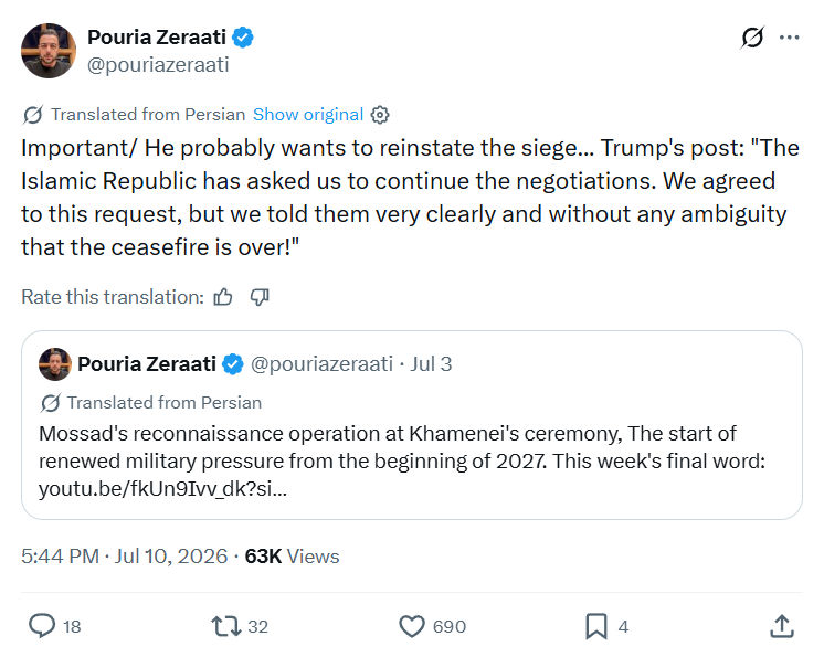 Pouria Zeraati: Important/ He probably wants to reinstate the siege...
