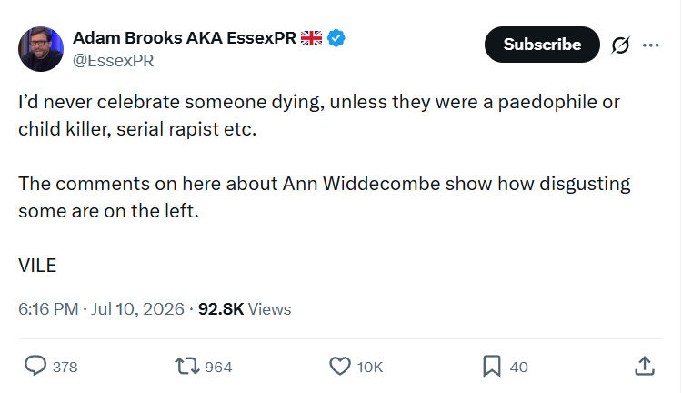 Adam Brooks: I’d never celebrate someone dying...