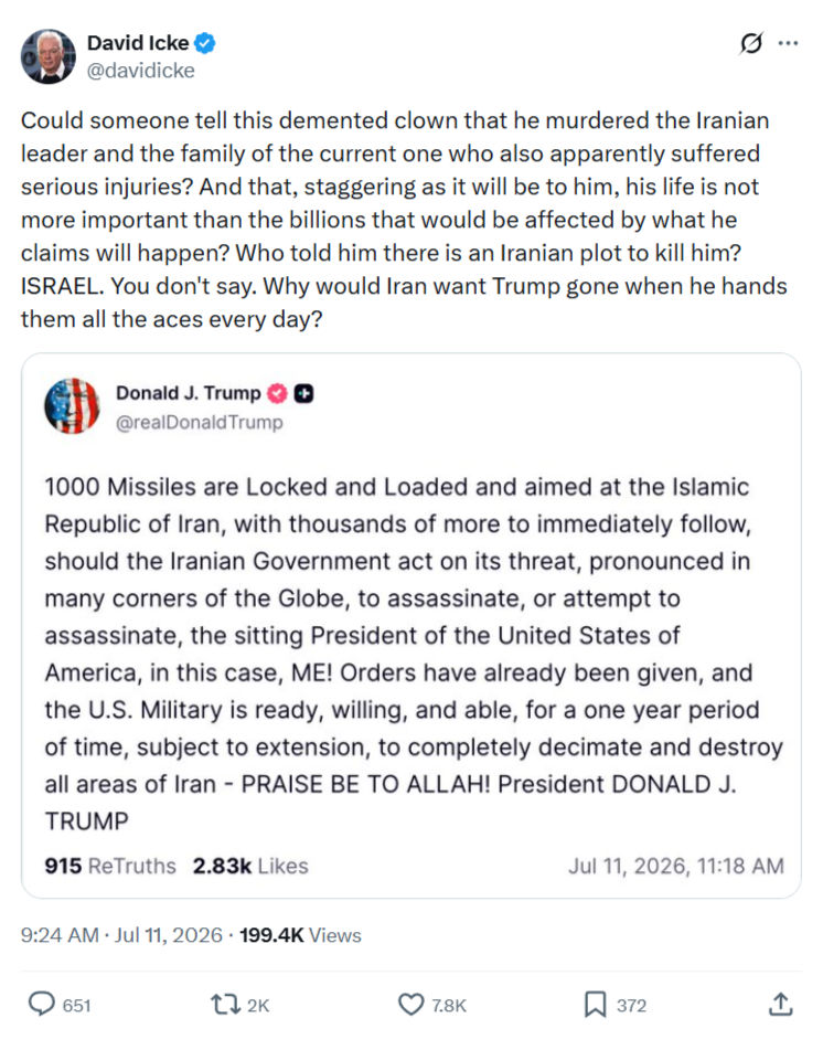 David Icke: Could someone tell this demented clown that he murdered the Iranian leader...