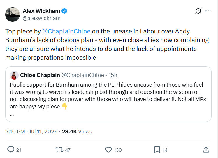 Alex Wickham: Top piece by @ChaplainChloe on the unease in Labour...