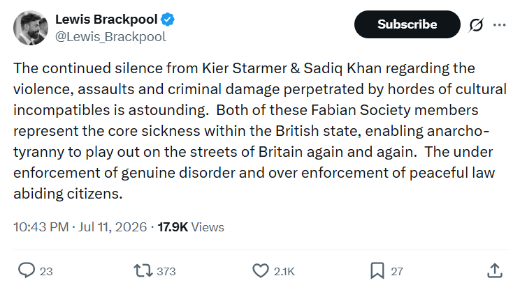 Lewis Brackpool: The continued silence from Kier Starmer & Sadiq Khan...