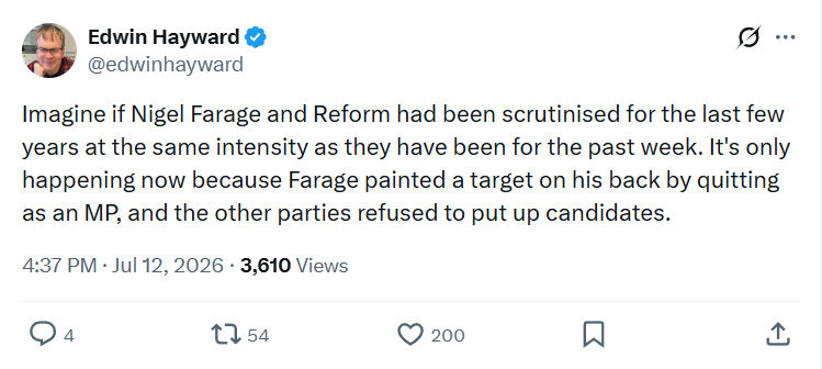 Edwin Hayward: Imagine if Nigel Farage and Reform had been scrutinised...