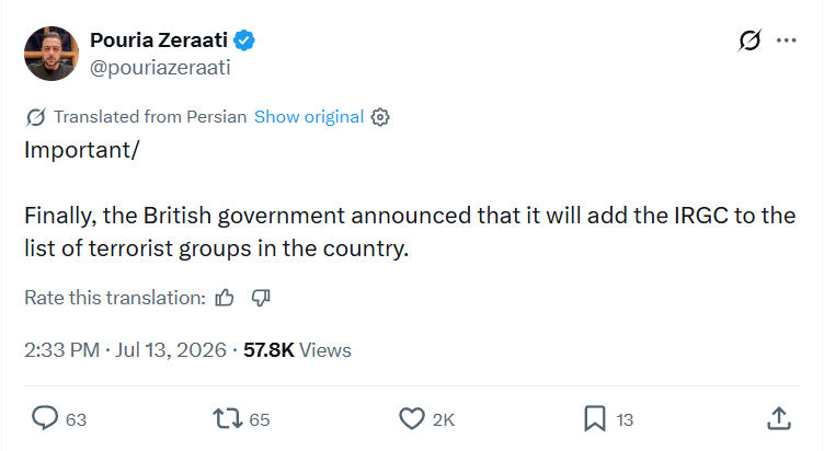Pouria Zeraati: Finally, the British government...