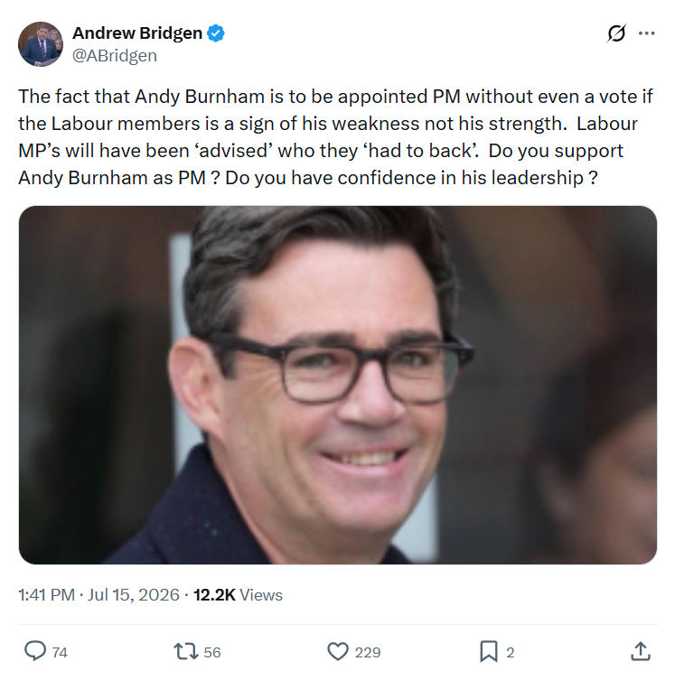 Andrew Bridgen: The fact that Andy Burnham is to be appointed PM...