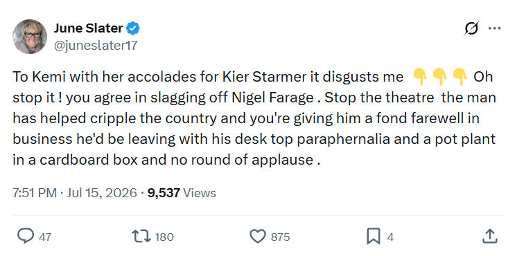 June Slater: To Kemi with her accolades for Kier Starmer...