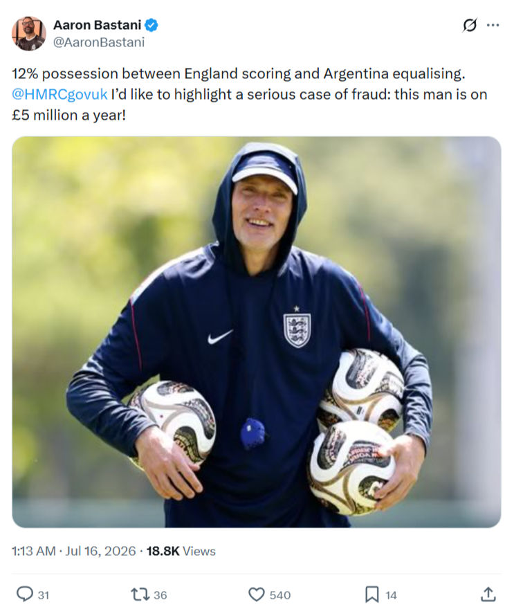 Aaron Bastani: 12% possession between England scoring...
