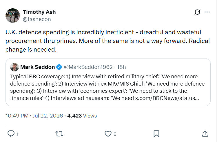 Timothy Ash: U.K. defence spending is incredibly inefficient...