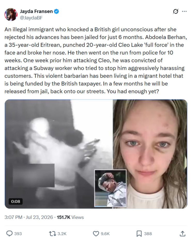 Jayda Fransen: An illegal immigrant who knocked...