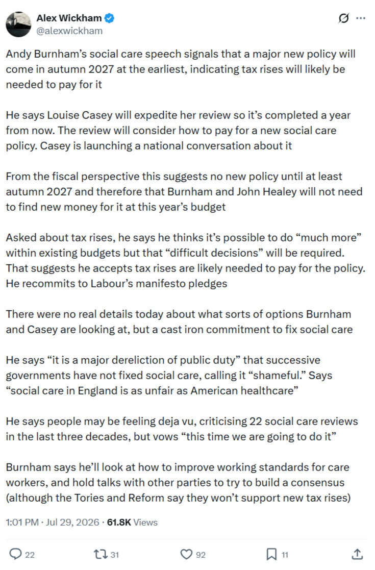 Alex Wickham: Andy Burnham’s social care speech signals...
