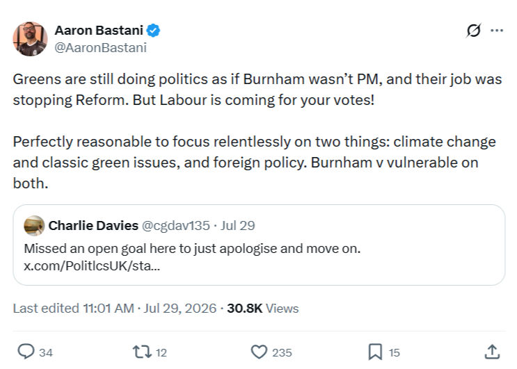 Aaron Bastani: Greens are still doing politics as if Burnham...