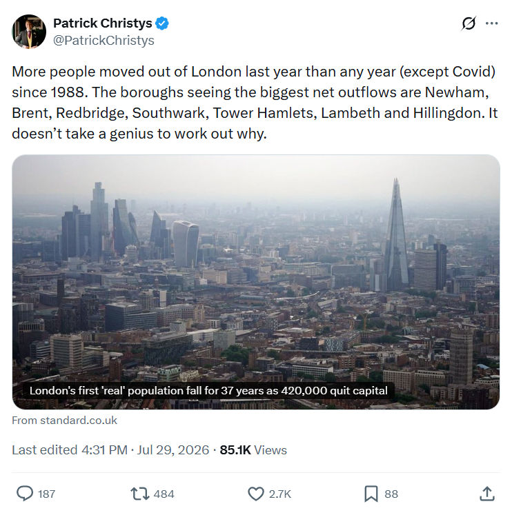 Patrick Christys: More people moved out of London...