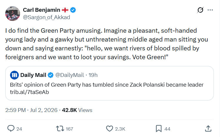 Carl Benjamin: I do find the Green Party amusing...