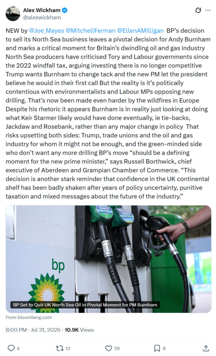 Alex Wickham: BP’s decision to sell its North Sea...