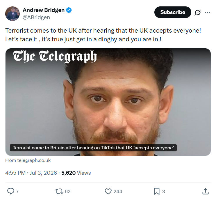 Andrew Bridgen: Terrorist comes to the UK...