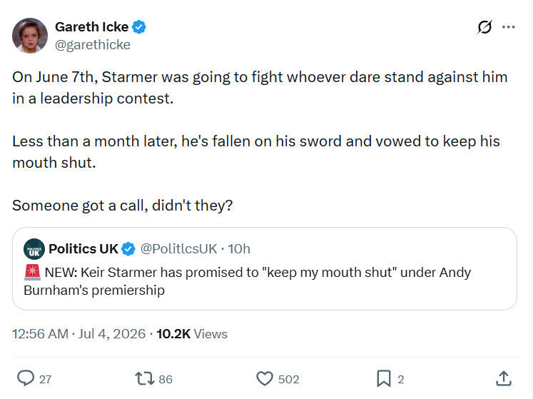 Gareth Icke: On June 7th, Starmer was going...