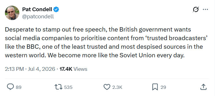 Pat Condell: Desperate to stamp out free speech...