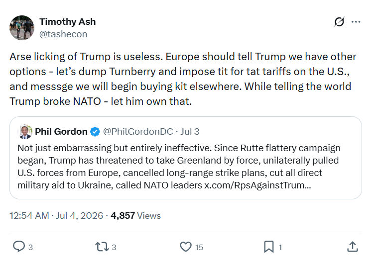 Timothy Ash: Arse licking of Trump is useless...
