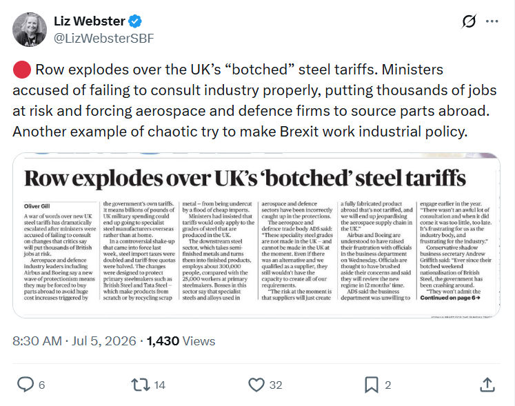 Liz Webster: Row explodes over the UK’s “botched” steel tariffs...