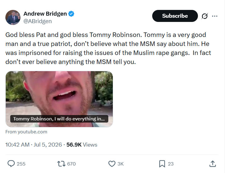 Andrew Bridgen: God bless Pat and god bless Tommy Robinson...